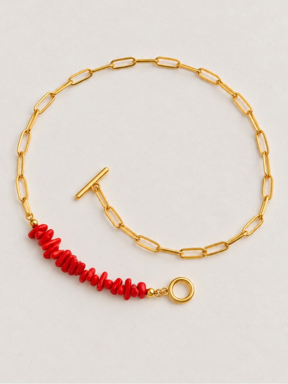 New! Red Beaded Gold Paperclip Chain Toggle Necklace NWOT